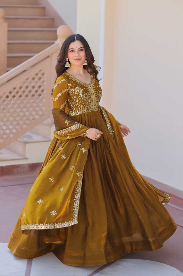 Fendy Mehendi Embroidered Gown With Dupatta – Elegant Partywear Anarkali