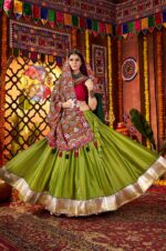Fluorescent-Green-&amp;-Red-Silk-Viscose-Cotton-Lehenga-Choli-with-Mirror-&amp;-Thread-Embroidery