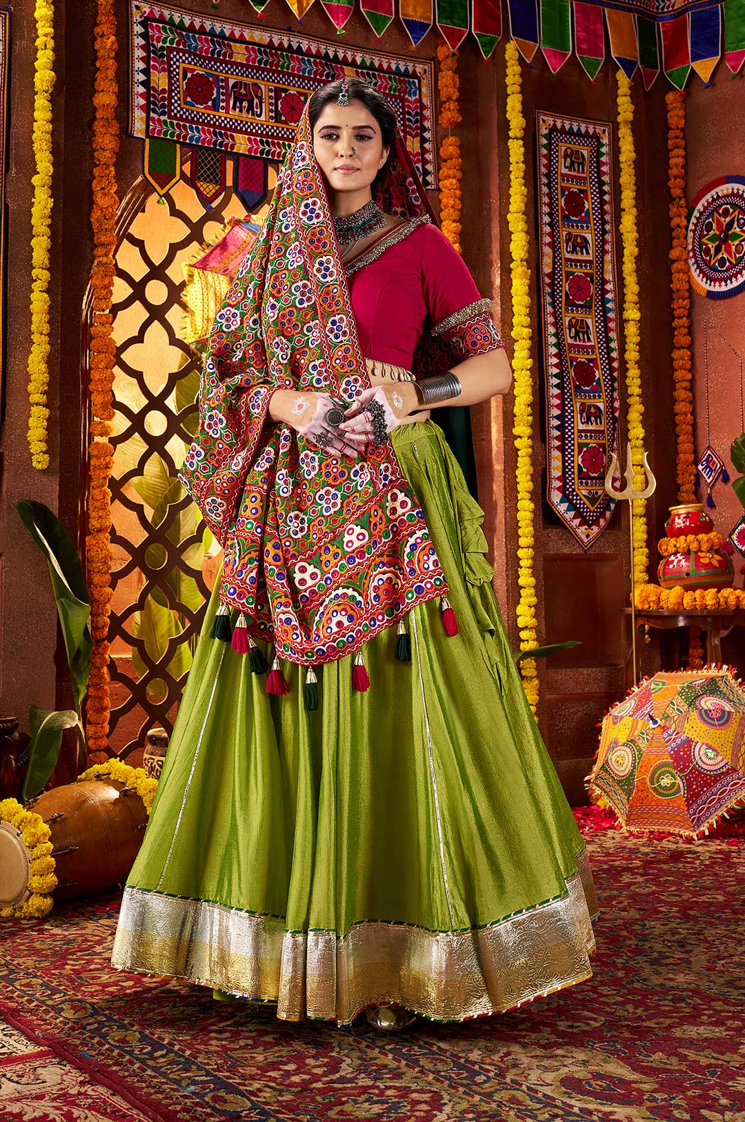 Fluorescent Green & Red Silk Viscose Cotton Lehenga Choli with Mirror & Thread Embroidery