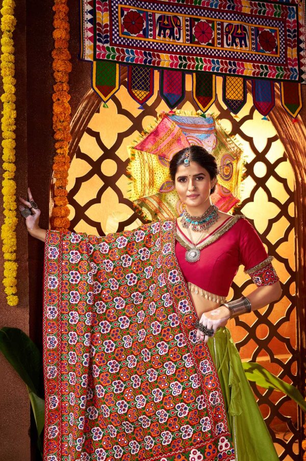 Fluorescent Green & Red Silk Viscose Cotton Lehenga Choli with Mirror & Thread Embroidery