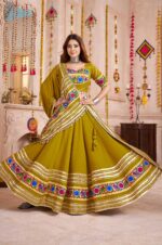 Fluorescent-Green-Viscose-Cotton-Lehenga-Choli-with-Lampi-Border,-Mirror-Work-&amp;-Embroidered-Dupatta