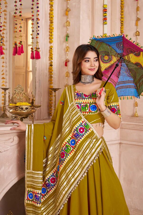 Fluorescent Green Viscose Cotton Lehenga Choli with Lampi Border, Mirror Work & Embroidered Dupatta