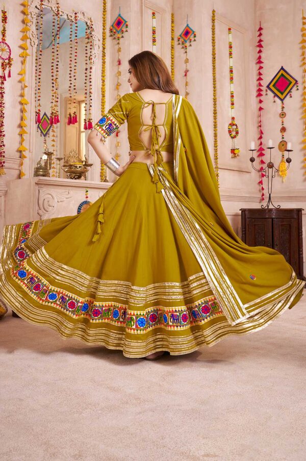 Fluorescent Green Viscose Cotton Lehenga Choli with Lampi Border, Mirror Work & Embroidered Dupatta