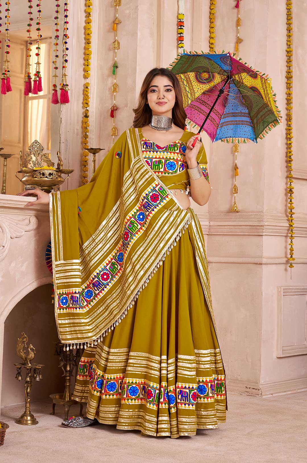 Fluorescent Green Viscose Cotton Lehenga Choli with Lampi Border, Mirror Work & Embroidered Dupatta