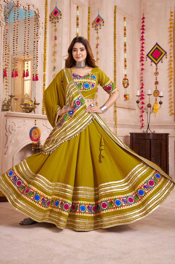 Fluorescent Green Viscose Cotton Lehenga Choli with Lampi Border, Mirror Work & Embroidered Dupatta
