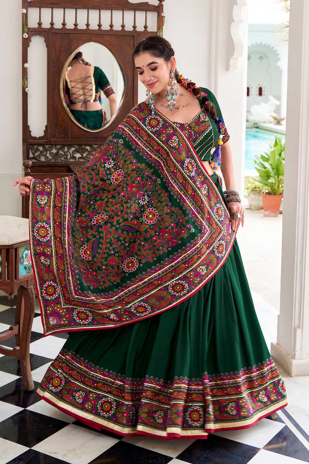 Gamthi Print Green Lehenga Choli with Tasar Silk Dupatta