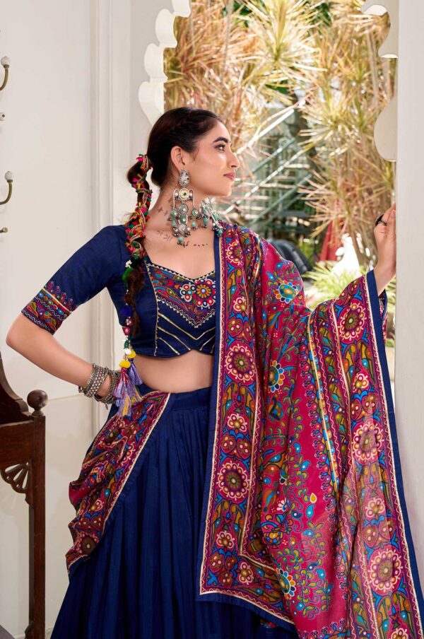 Gamthi Print Navy Blue Lehenga Choli with Tasar Silk Dupatta