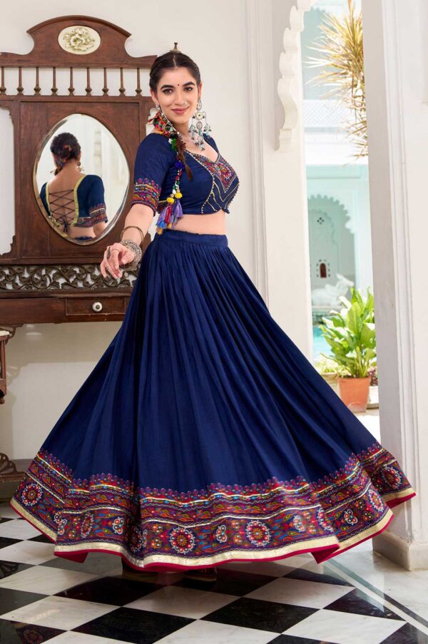 Gamthi Print Navy Blue Lehenga Choli with Tasar Silk Dupatta