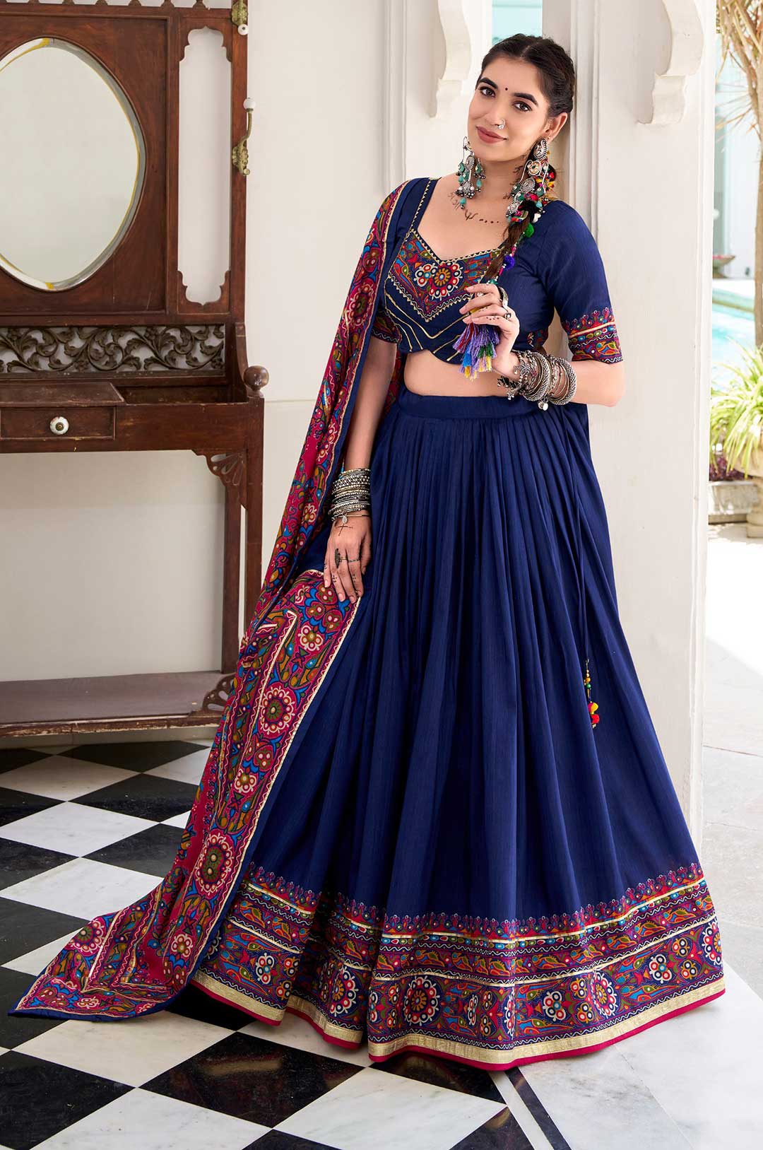 Gamthi Print Navy Blue Lehenga Choli with Tasar Silk Dupatta