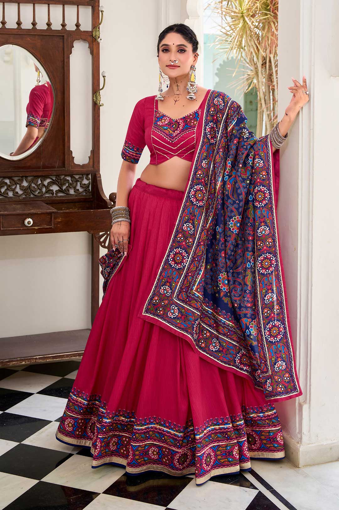 Gamthi Print Pink Lehenga Choli with Tasar Silk Dupatta