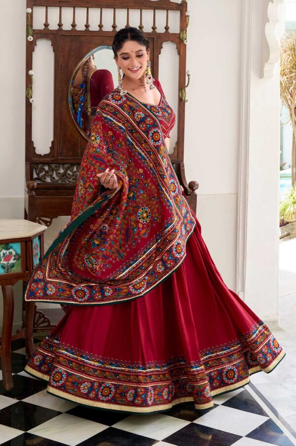 Gamthi Print Red Lehenga Choli with Tasar Silk Dupatta