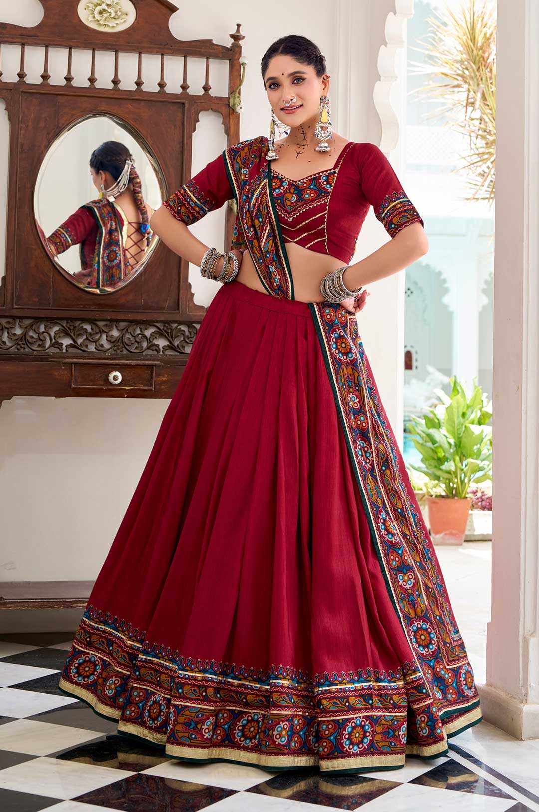 Gamthi Print Red Lehenga Choli with Tasar Silk Dupatta
