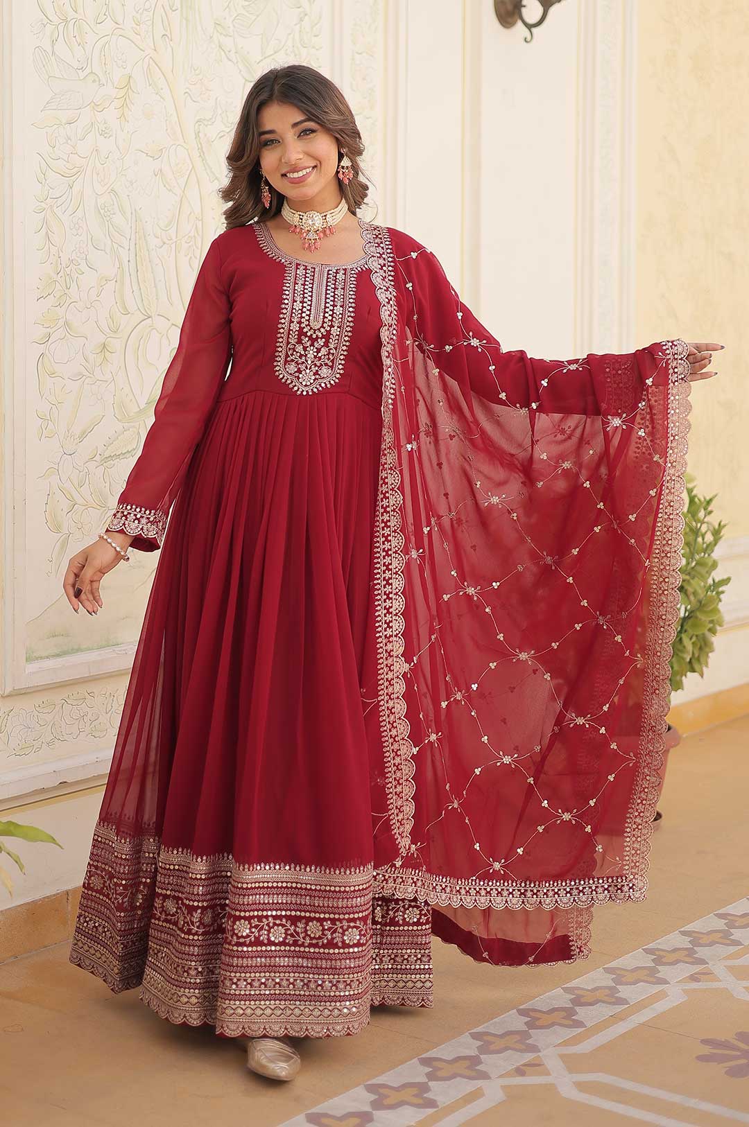 Graceful Maroon Embroidered Gown Set | Luxe Sequins Look for Occasionsa