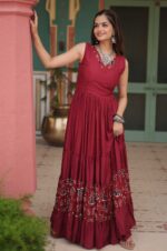 Graceful-Maroon-Rayon-Gown-with-Printed-Frill-&amp;-V-Neck-Elegance-2