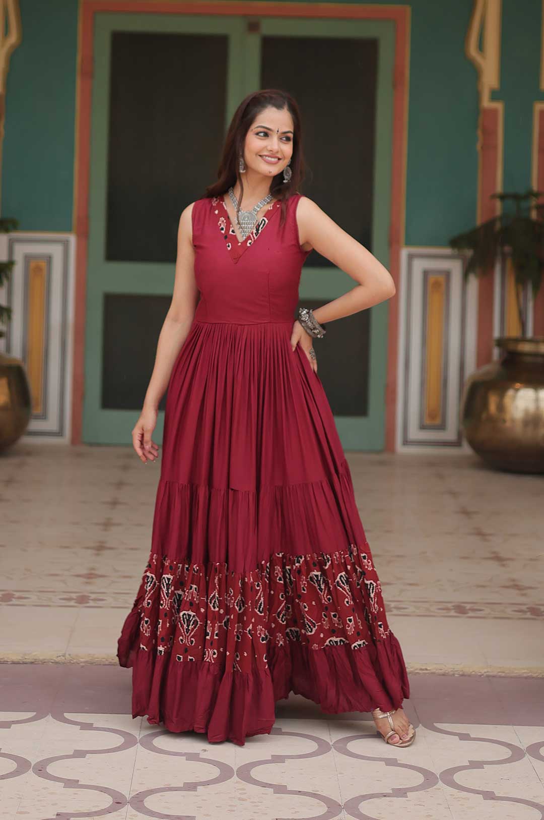 Graceful Maroon Rayon Gown with Printed Frill & V-Neck Elegance