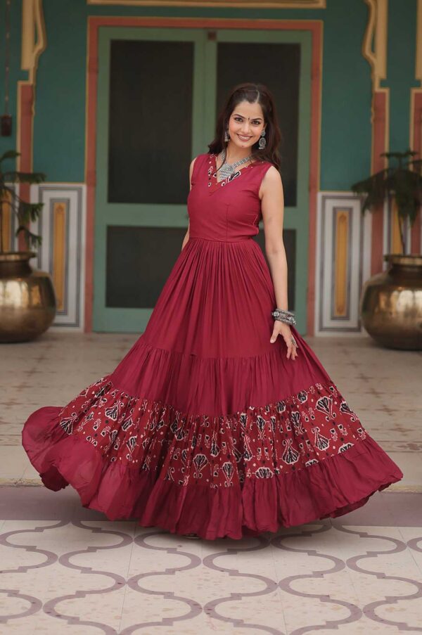 Graceful Maroon Rayon Gown with Printed Frill & V-Neck Elegance