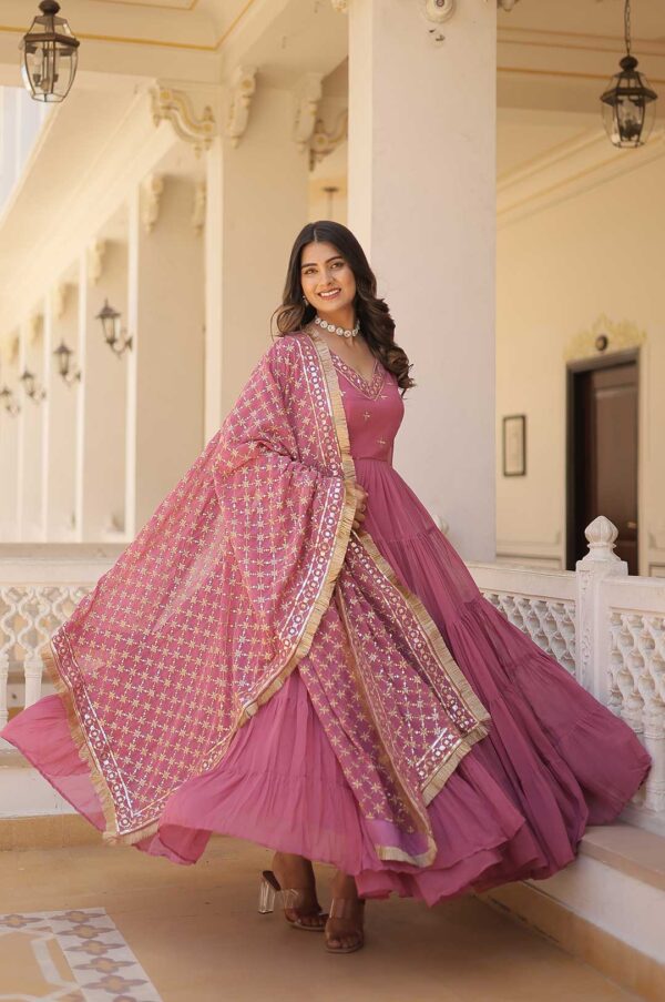 Graceful Onion Designer Faux Georgette Gown Set | Majestic Flair & Rich Embroidery