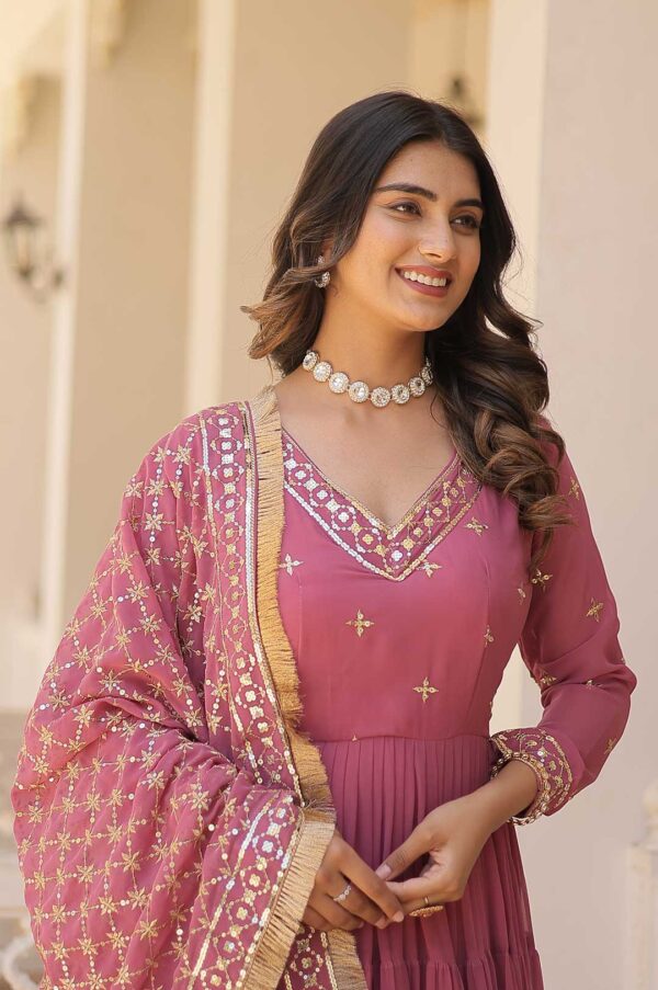Graceful Onion Designer Faux Georgette Gown Set | Majestic Flair & Rich Embroidery