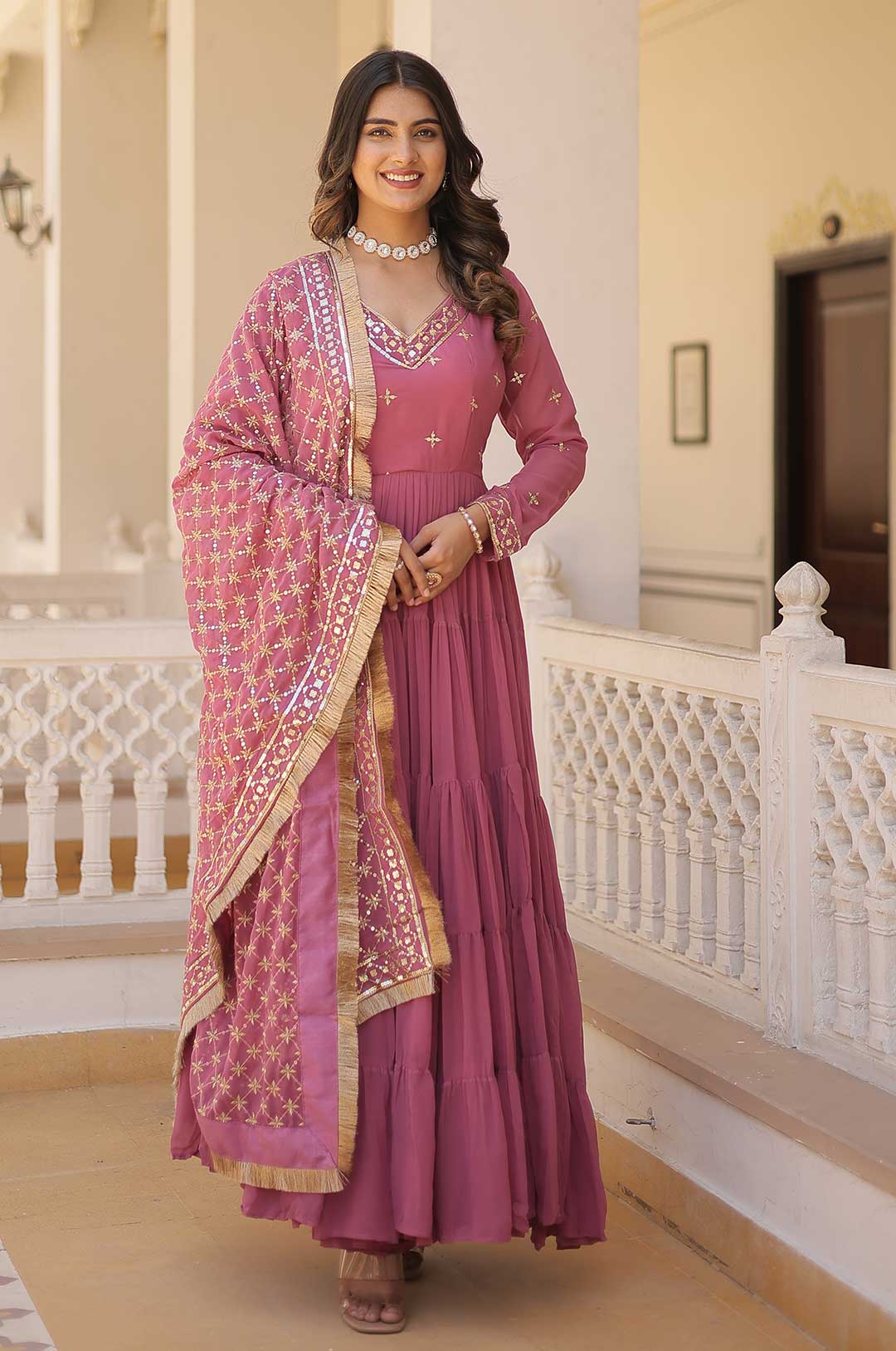 Graceful Onion Designer Faux Georgette Gown Set | Majestic Flair & Rich Embroidery