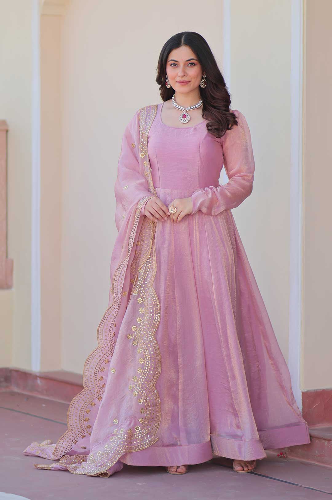 Graceful Pink Fendy Chiffon Gown Set – 12 Kali Stitch with Cutwork Dupatta