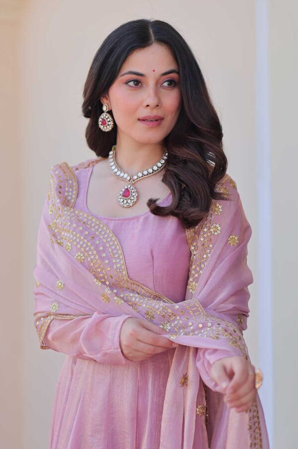 Graceful Pink Fendy Chiffon Gown Set – 12 Kali Stitch with Cutwork Dupatta