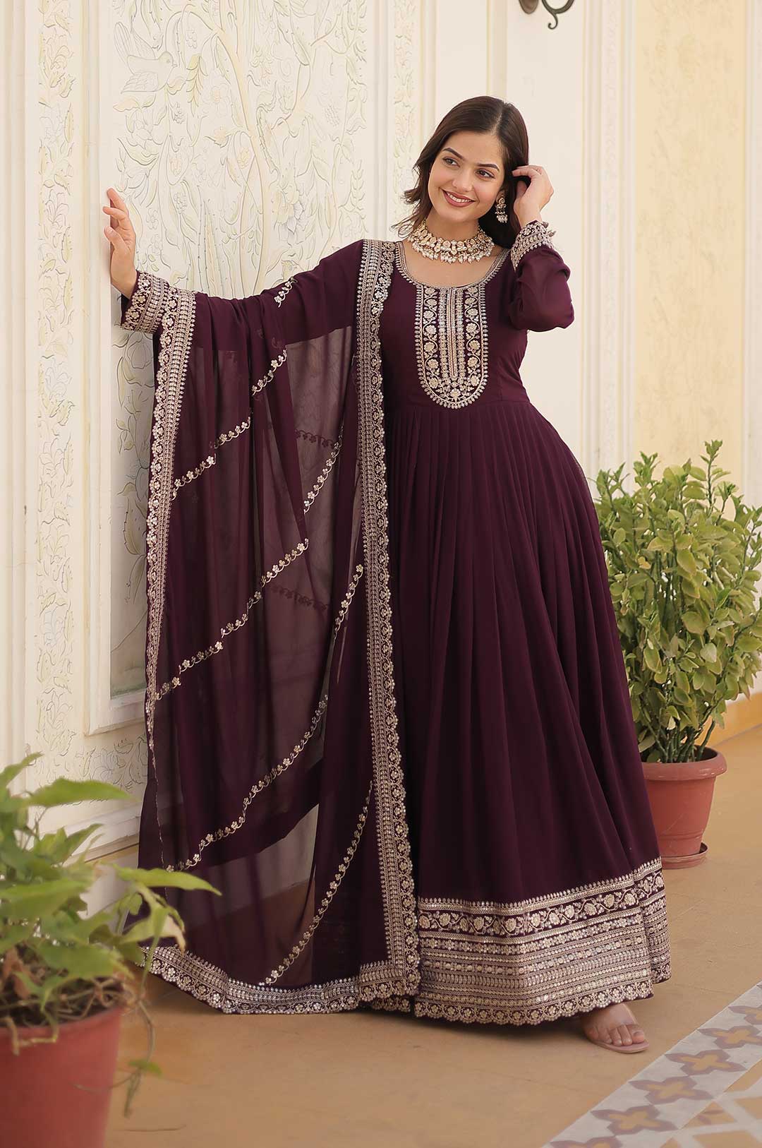 Graceful Wine Embroidered Gown Set | Luxe Sequins Look for Occasions