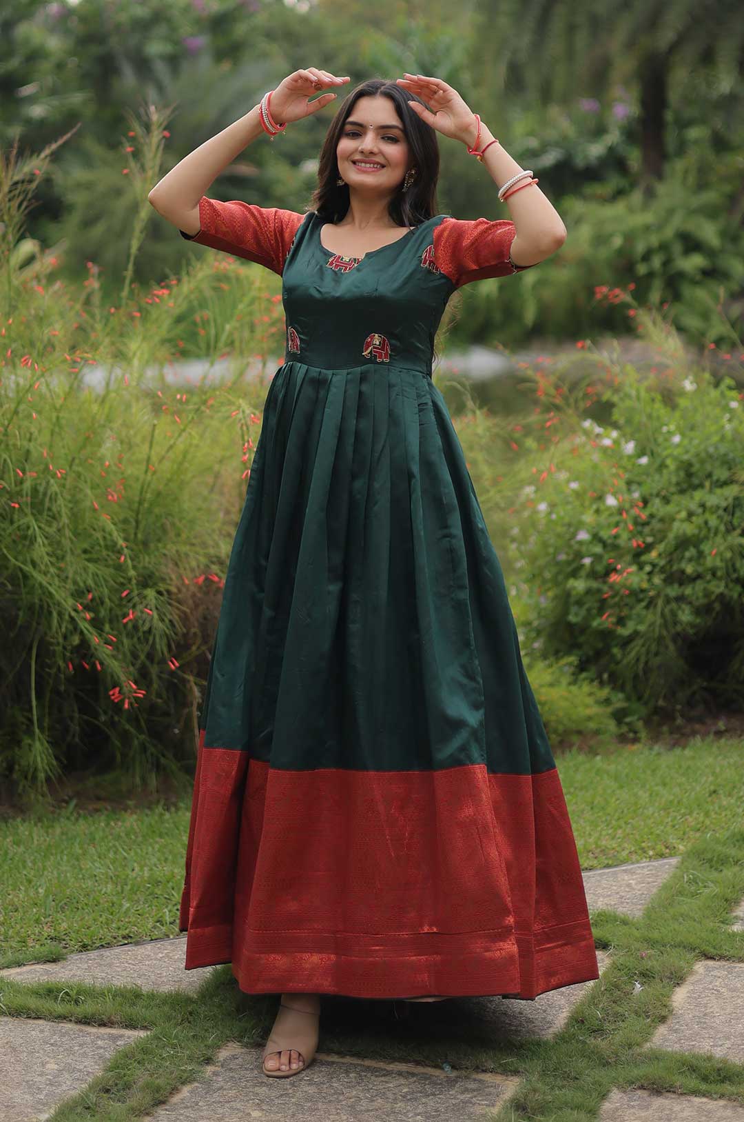 Green Banarasi Jacquard Silk Gown | Royal Weaving & Elegant Texture
