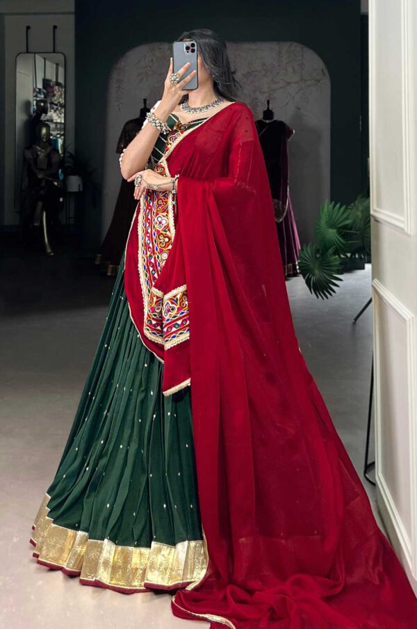 Green Chiffon Navratri Lehenga with Red Chinon Dupatta & Mirror Gamthi Work Blouse