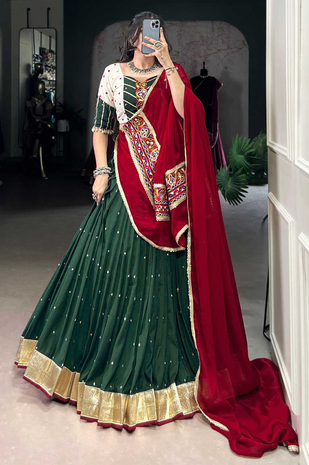 Green Chiffon Navratri Lehenga with Red Chinon Dupatta & Mirror Gamthi Work Blouse