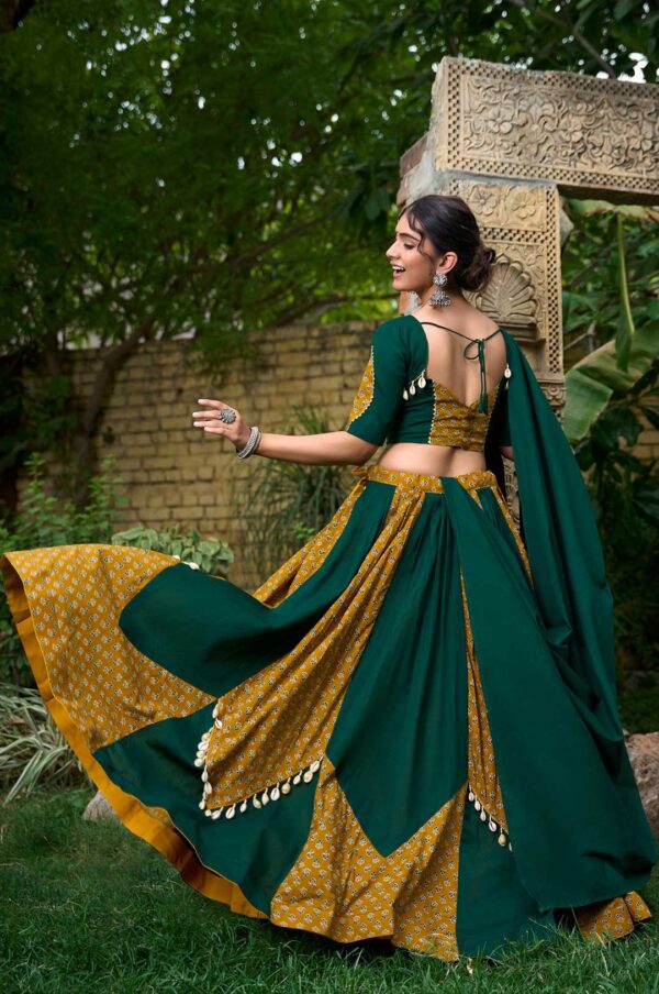 Green & Mustard Cotton Lehenga with Kodi Lace & Gota Patti Work