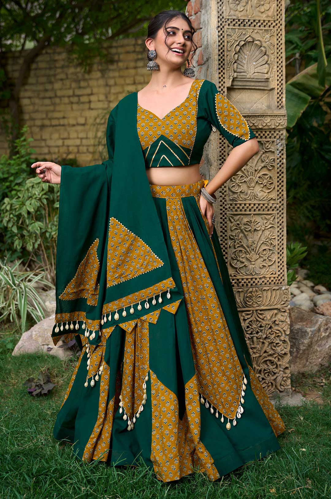 Green & Mustard Cotton Lehenga with Kodi Lace & Gota Patti Work