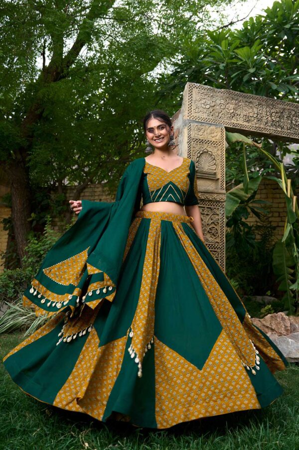 Green & Mustard Cotton Lehenga with Kodi Lace & Gota Patti Work
