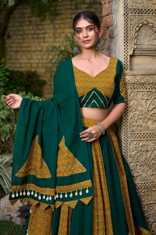 Green & Mustard Cotton Lehenga with Kodi Lace & Gota Patti Work