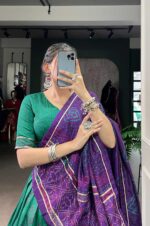Green-&amp;-Purple-Tasar-Silk-Bandhej-Print-Lehenga-Set