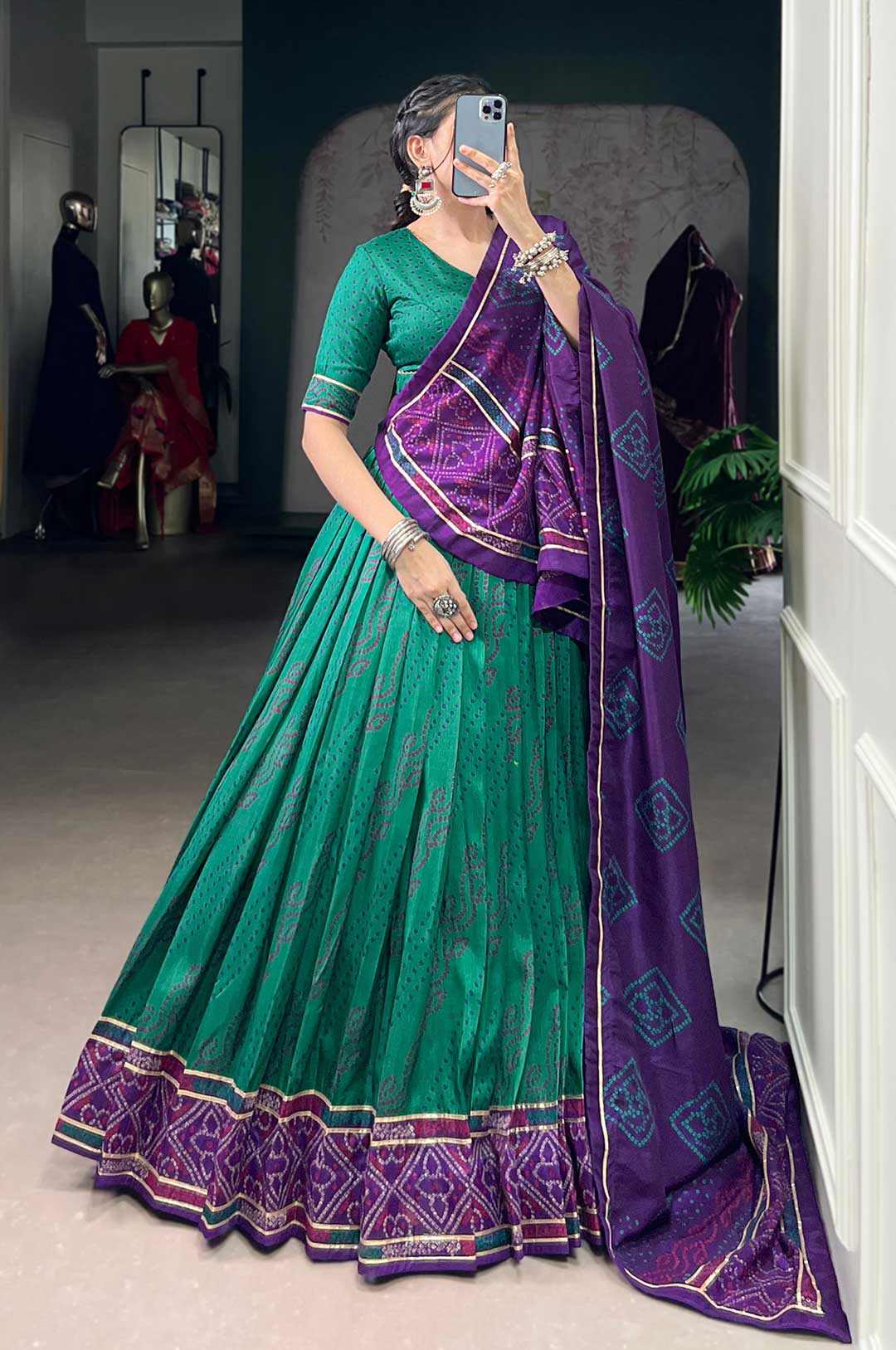 Green & Purple Tasar Silk Bandhej Print Lehenga Set | Gotta Patti Lace Touch-Up