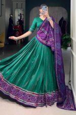 Green-&amp;-Purple-Tasar-Silk-Bandhej-Print-Lehenga-Set--4