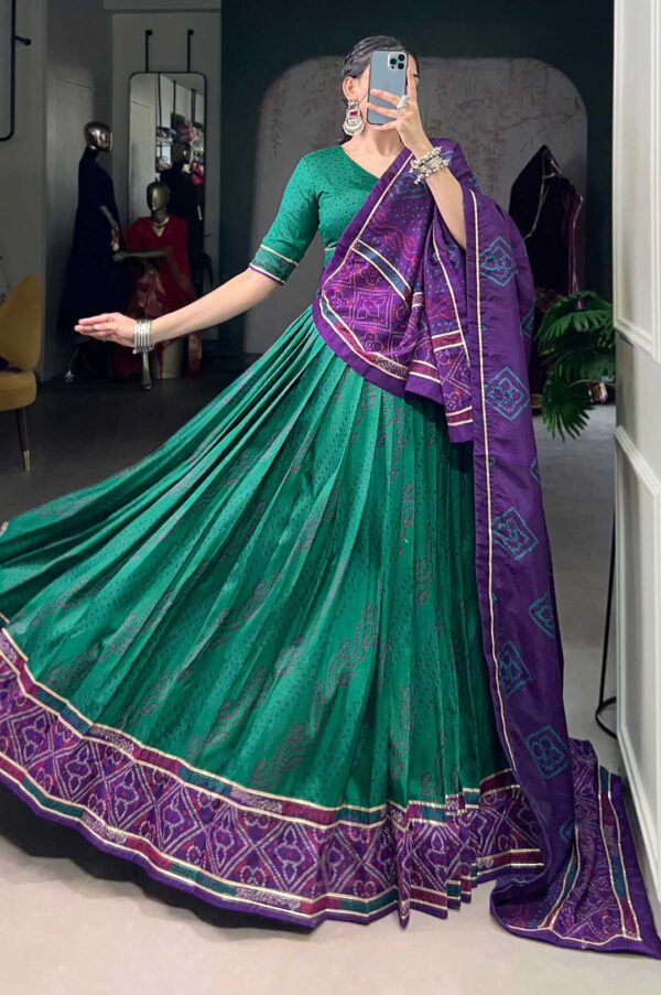 Green & Purple Tasar Silk Bandhej Print Lehenga Set | Gotta Patti Lace Touch-Up