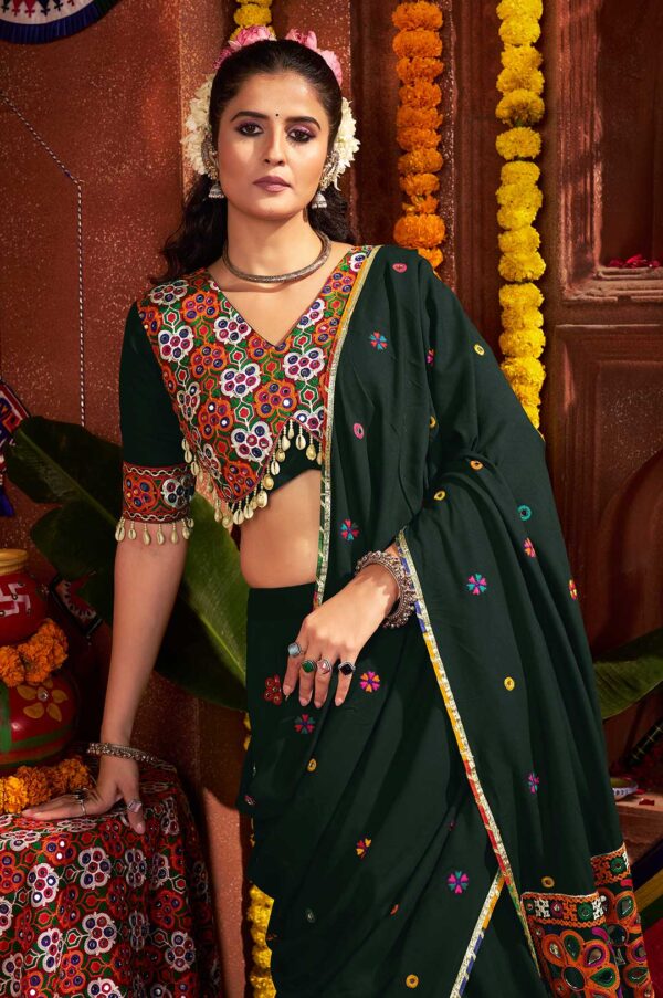 Green Viscose Cotton Kutchi Work & Mirror Embroidered Lehenga Choli
