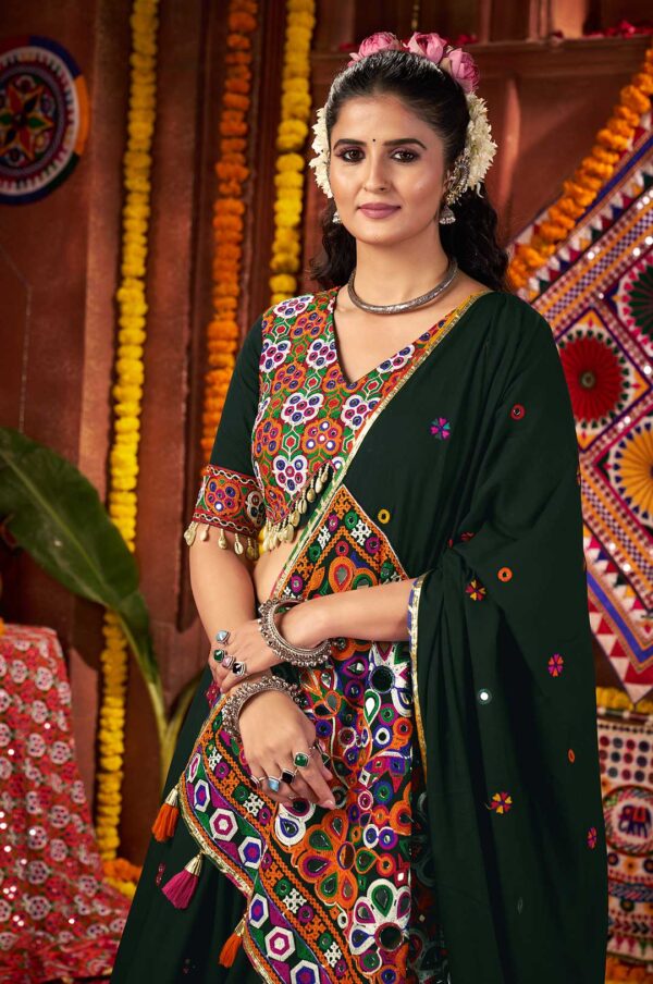 Green Viscose Cotton Kutchi Work & Mirror Embroidered Lehenga Choli