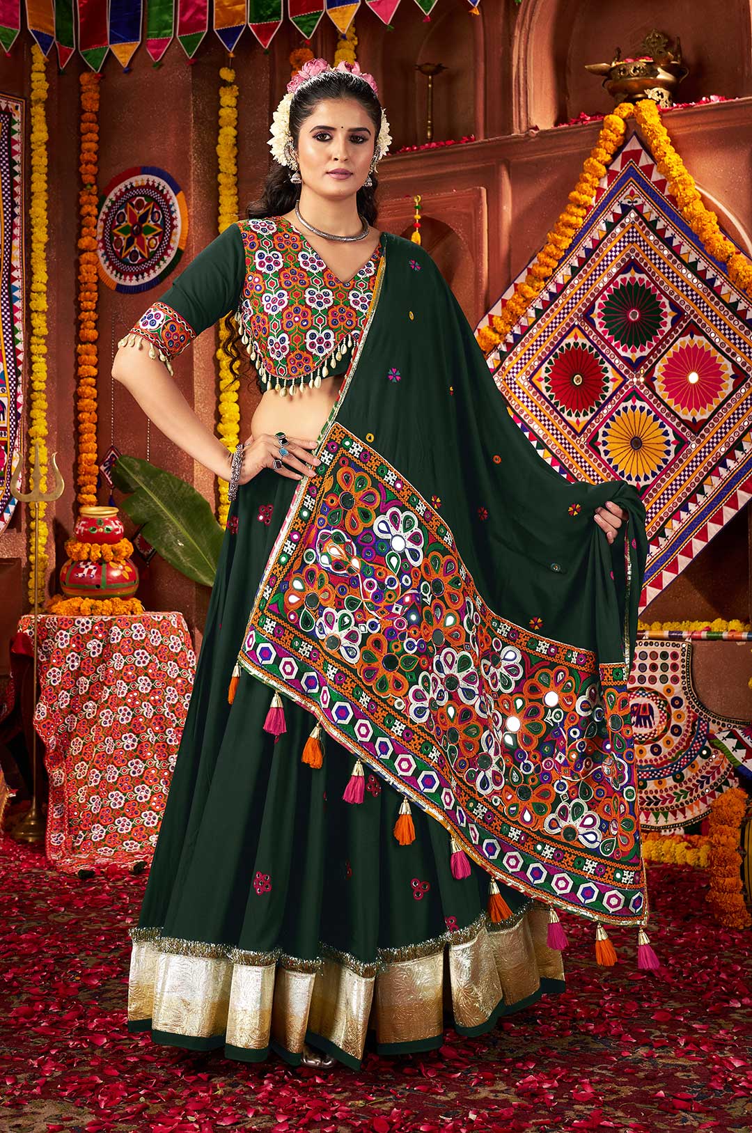 Green Viscose Cotton Kutchi Work & Mirror Embroidered Lehenga Choli