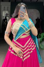Hot-Pink-&amp;-Blue-Elegant-Pure-Rayon-Sequins-Work-Lehenga-with-Chiffon-Dupatta-2