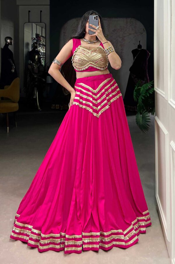 Hot Pink & Blue Elegant Pure Rayon Sequins Work Lehenga with Chiffon Dupatta