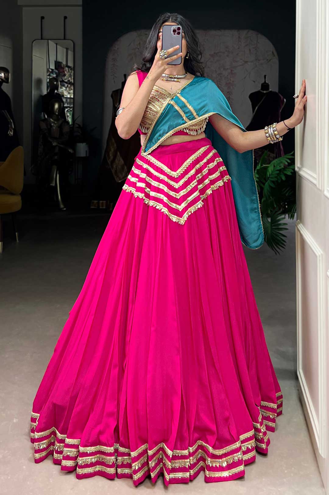 Hot Pink & Blue Elegant Pure Rayon Sequins Work Lehenga with Chiffon Dupatta