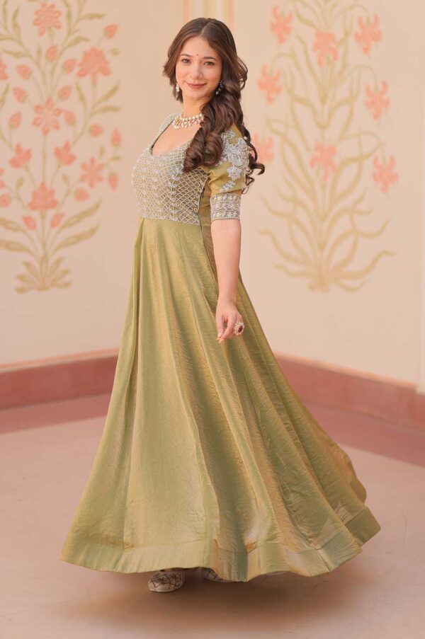 Pista Gown with Sequins and Thread Embroidered Yoke - Round Neck