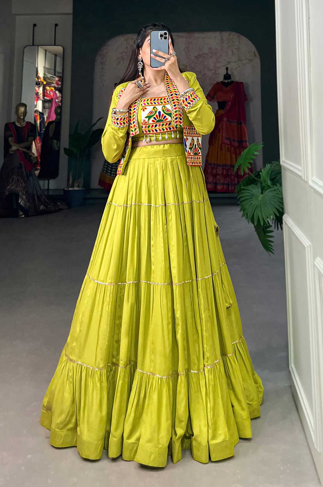 Lime Perot Pure Rayon Navratri Lehenga with Gamthi Embroidered Blouse & Koti