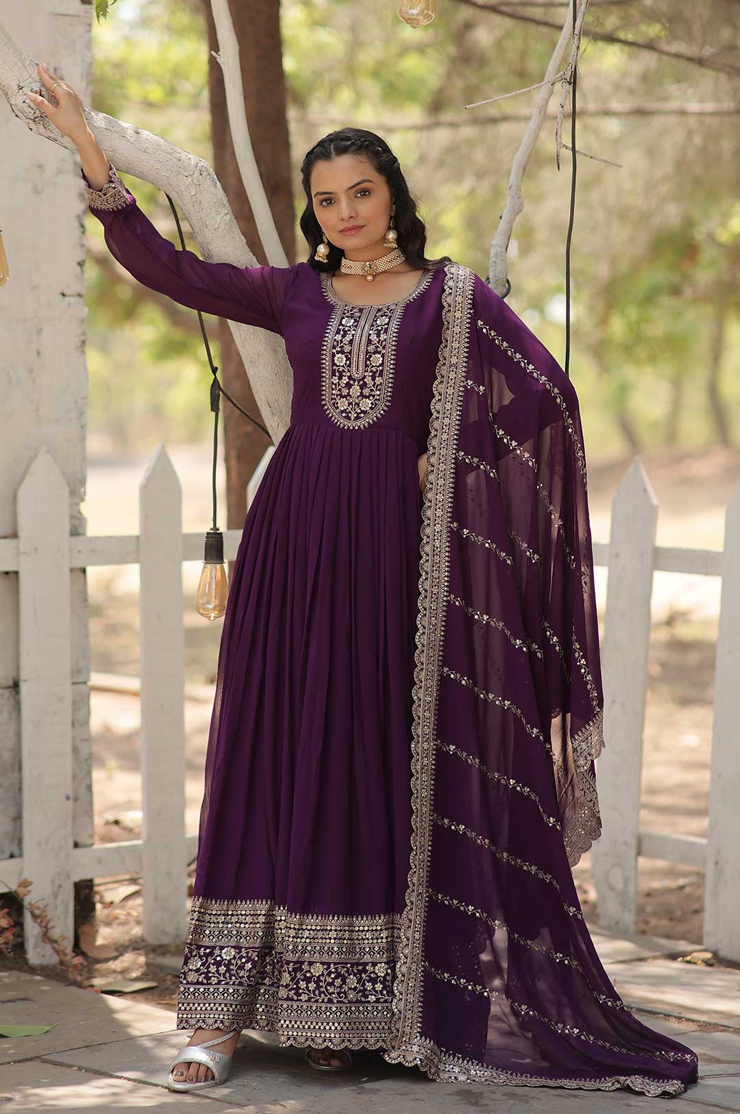 Majestic Purple Embroidered Gown Set | Elegant Sequins Faux Blooming Look