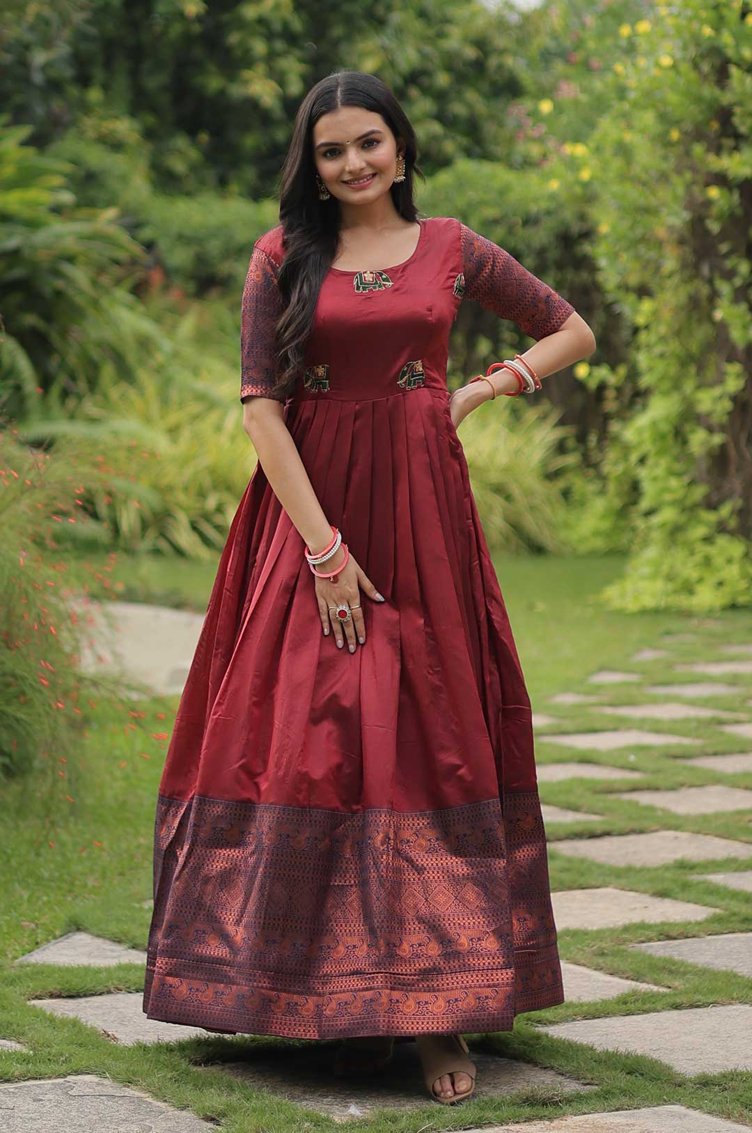 Maroon Banarasi Jacquard Silk Gown | Royal Weaving & Elegant Texture