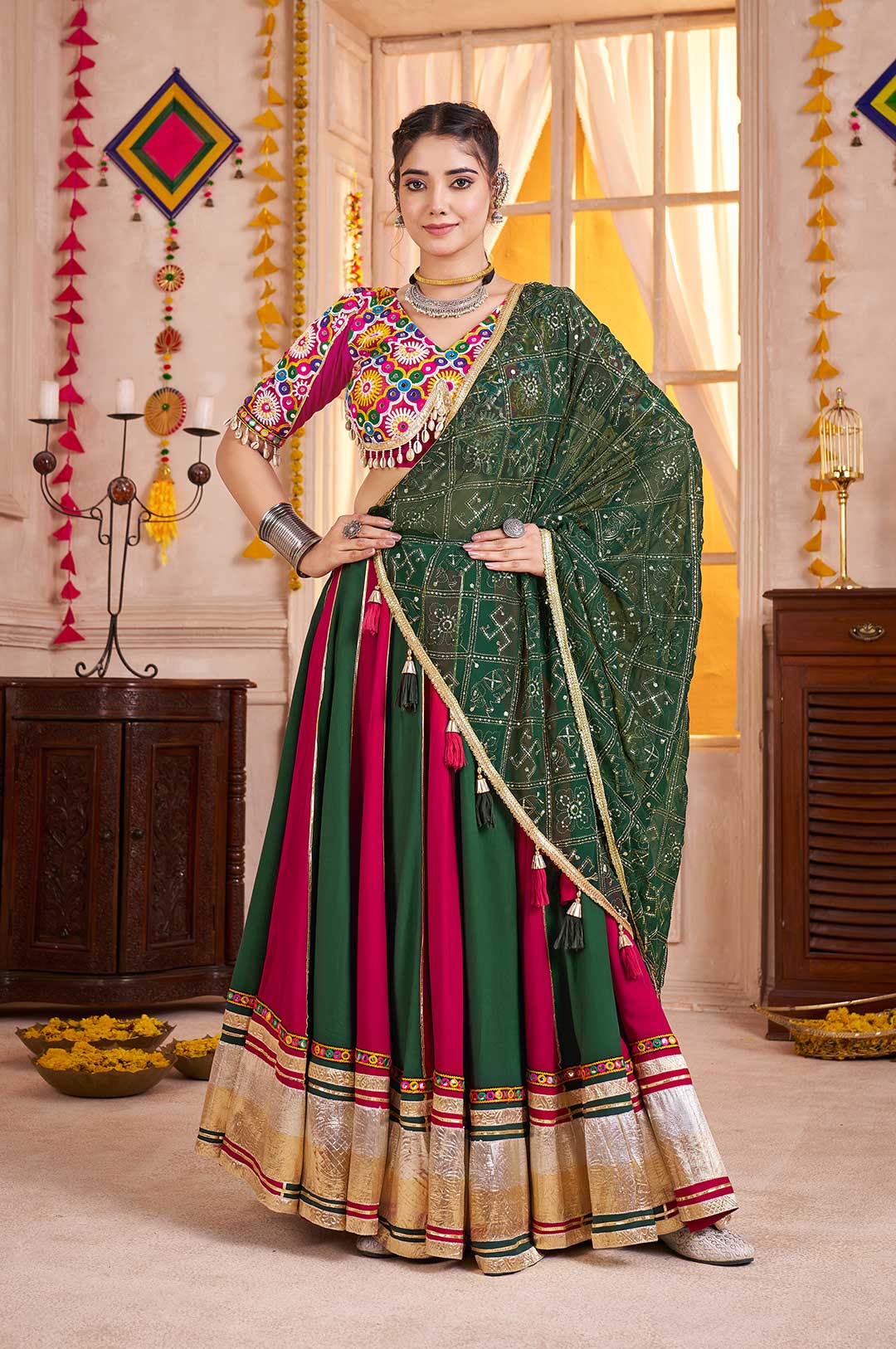 Maroon & Green Viscose Cotton Lehenga Choli with Lampi Border & Kutchi Mirror Work Dupatta