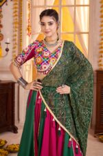 Maroon-&amp;-Green-Viscose-Cotton-Lehenga-Choli-with-Lampi-Border-&amp;-Kutchi-Mirror-Work-Dupatta-4