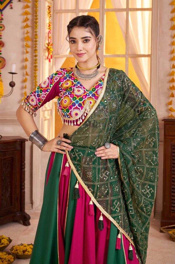 Maroon & Green Viscose Cotton Lehenga Choli with Lampi Border & Kutchi Mirror Work Dupatta
